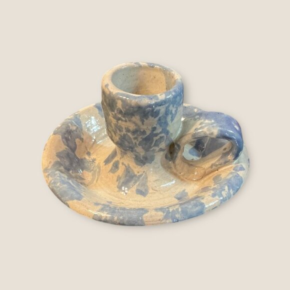 Handmade Blue & White Sponge Ware Pottery Candle Holder Signed BB - Picture 3 of 6